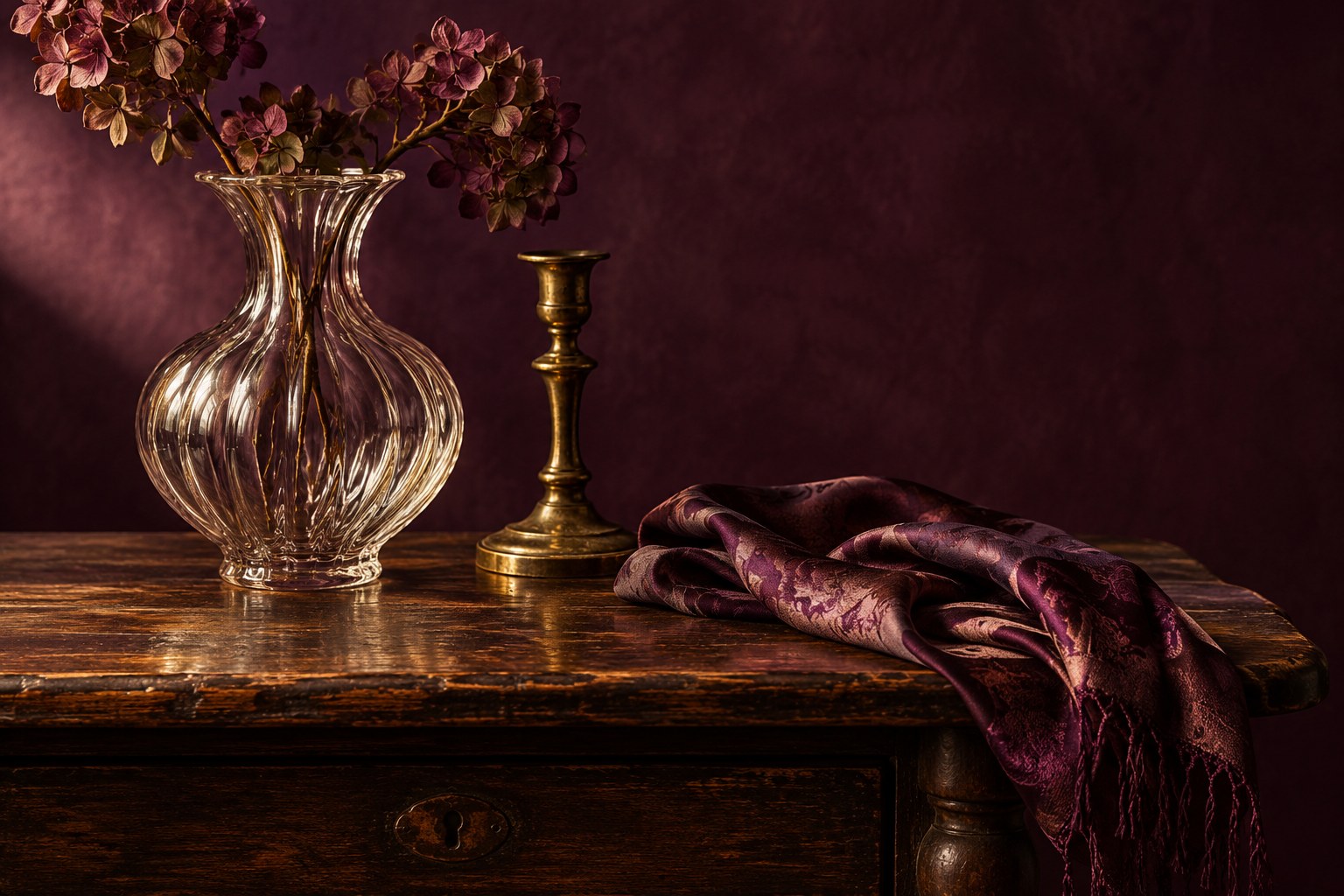 Decorative still life of vintage glass, brass, and silk